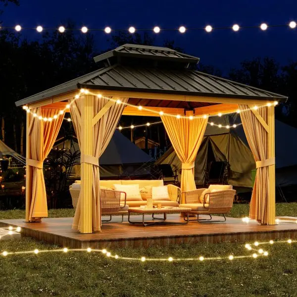 10' × 13' Galvanized Hardtop Gazebo with Double Roof – Aluminum Frame, Mosquito Netting & Sunshade Curtains (Khaki)
