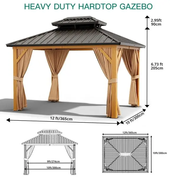 10' × 13' Galvanized Hardtop Gazebo with Double Roof – Aluminum Frame, Mosquito Netting & Sunshade Curtains (Khaki)