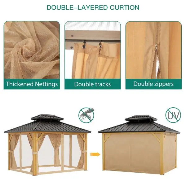 10' × 13' Galvanized Hardtop Gazebo with Double Roof – Aluminum Frame, Mosquito Netting & Sunshade Curtains (Khaki)