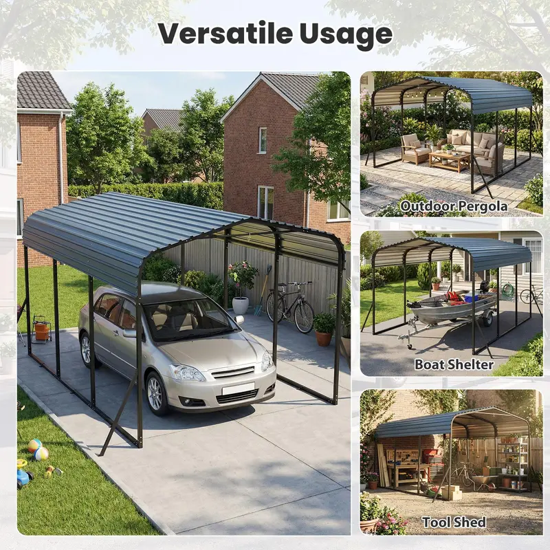 10' x 14.5' Heavy-Duty Galvanized Steel Carport Shelter for Vehicle and Equipment Protection