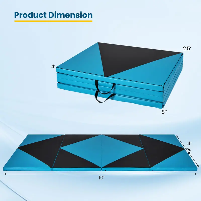 10' x 4' Foldable Gymnastics Mat – 2-Inch Thick PU Leather Tumbling Pad with Reliable Hook-and-Loop Fastening