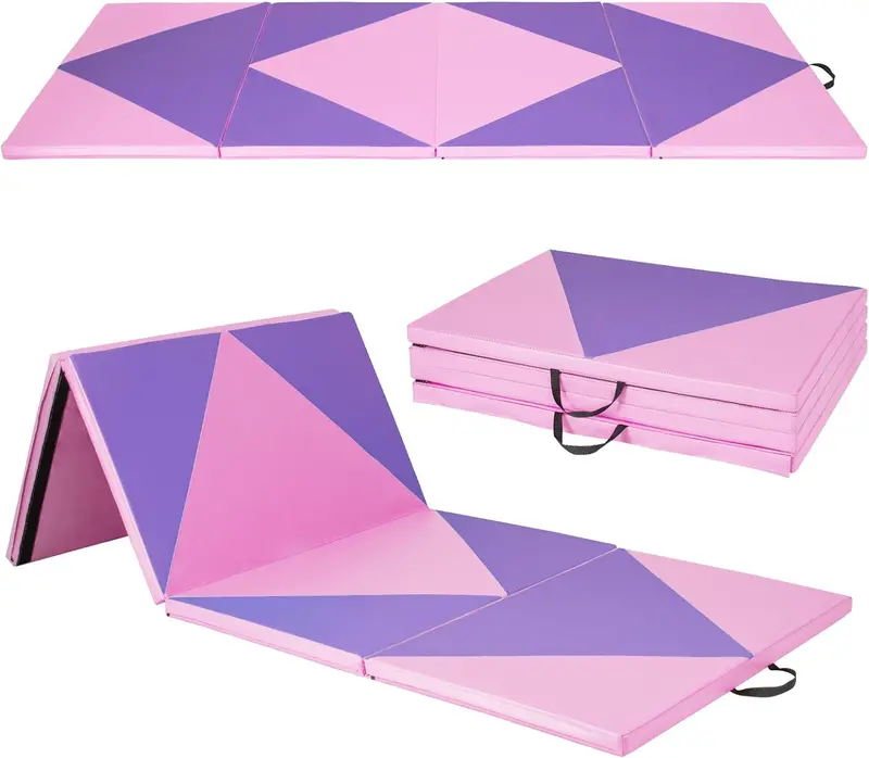 10' x 4' Foldable Gymnastics Mat – 2-Inch Thick PU Leather Tumbling Pad with Reliable Hook-and-Loop Fastening