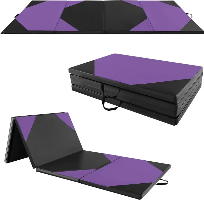 10' x 4' Foldable Gymnastics Mat – 2-Inch Thick PU Leather Tumbling Pad with Reliable Hook-and-Loop Fastening