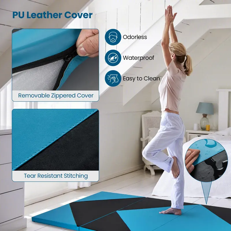 10' x 4' Foldable Gymnastics Mat – 2-Inch Thick PU Leather Tumbling Pad with Reliable Hook-and-Loop Fastening
