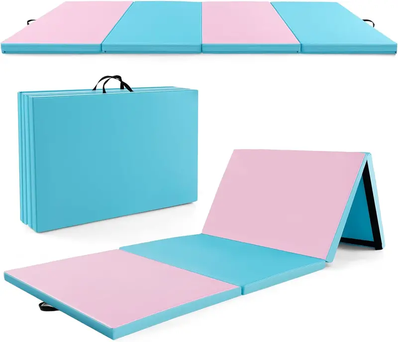 10' x 4' Foldable Gymnastics Mat – 2-Inch Thick PU Leather Tumbling Pad with Reliable Hook-and-Loop Fastening