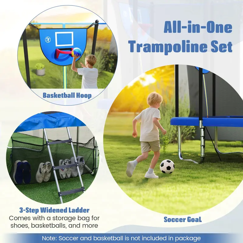 10 x 8 Foot Toddler Trampoline with Built-In Basketball Hoop, Soccer Goal, and Non-Slip Ladder 2