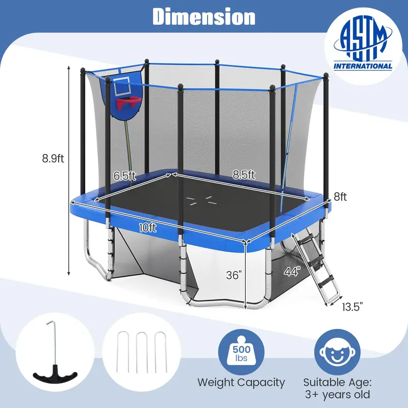 10 x 8 Foot Toddler Trampoline with Built-In Basketball Hoop, Soccer Goal, and Non-Slip Ladder