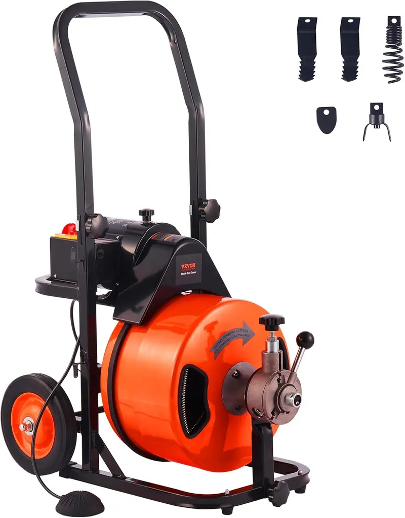 100-Foot Automatic Drain Auger with 1/2-Inch Cable, Quad-Cutter Head, and Hands-Free Foot Pedal