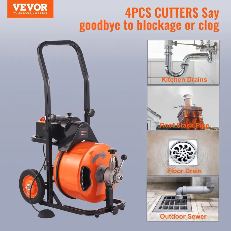 100-Foot Automatic Drain Auger with 1/2-Inch Cable, Quad-Cutter Head, and Hands-Free Foot Pedal