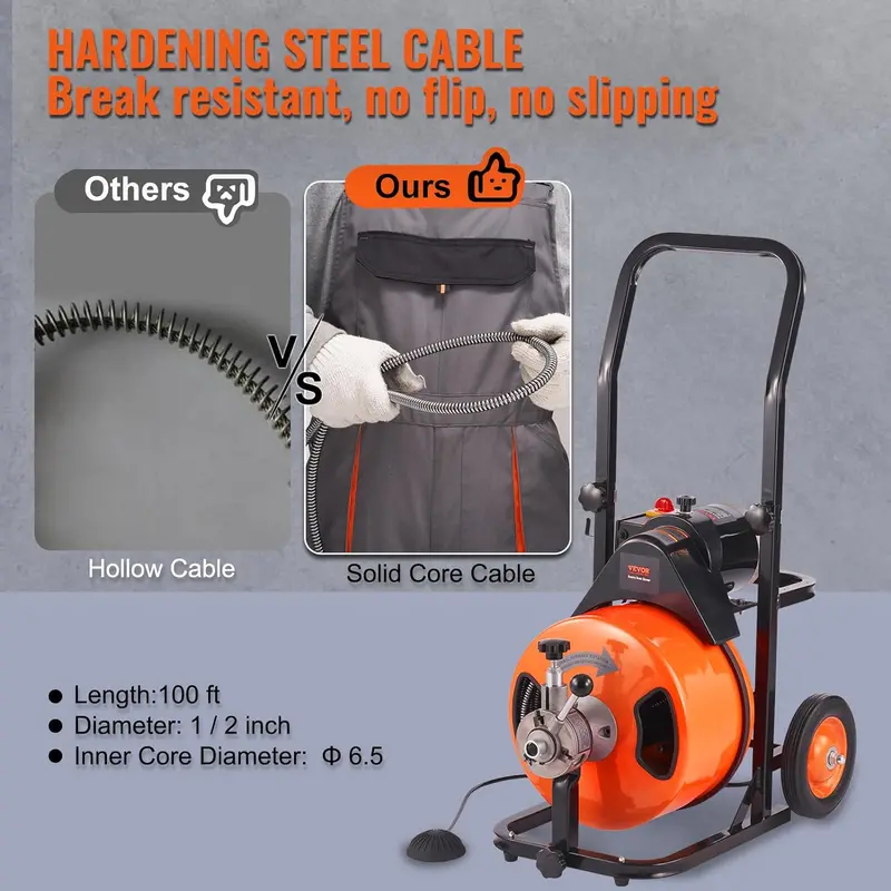 100-Foot Automatic Drain Auger with 1/2-Inch Cable, Quad-Cutter Head, and Hands-Free Foot Pedal