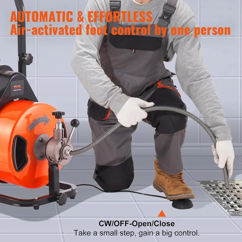 100-Foot Automatic Drain Auger with 1/2-Inch Cable, Quad-Cutter Head, and Hands-Free Foot Pedal