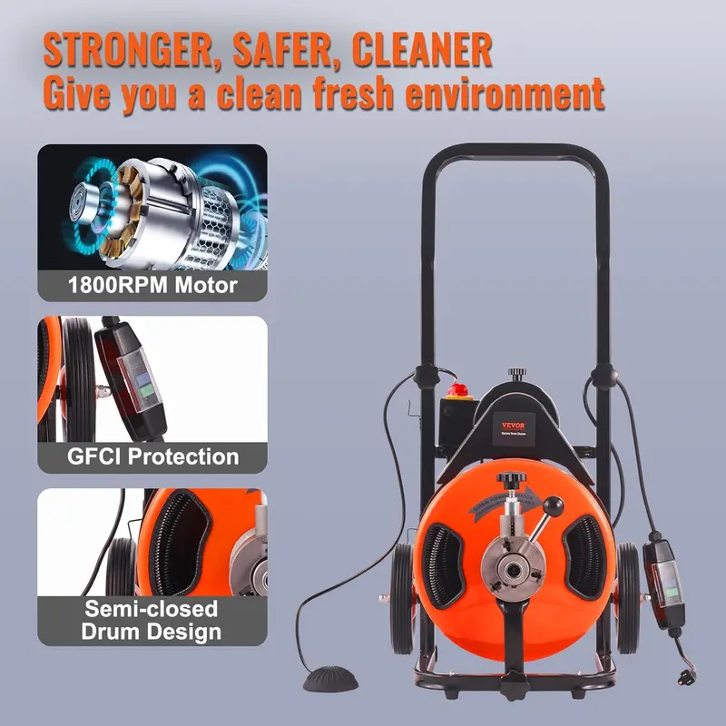 100-Foot Automatic Drain Auger with 1/2-Inch Cable, Quad-Cutter Head, and Hands-Free Foot Pedal