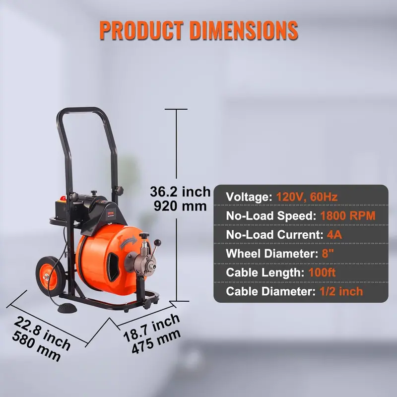 100-Foot Automatic Drain Auger with 1/2-Inch Cable, Quad-Cutter Head, and Hands-Free Foot Pedal
