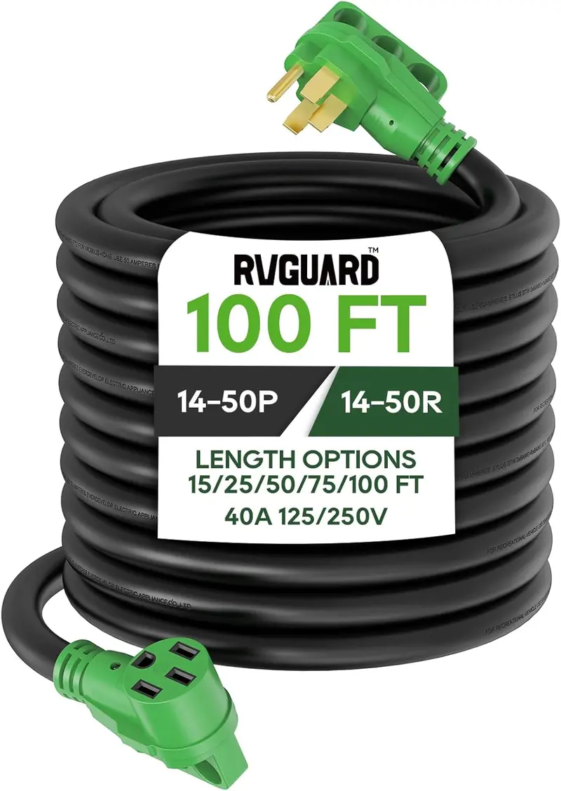 100-Foot Heavy-Duty RV/EV Power Cord – 40A NEMA 14-50 Plug & Receptacle, Built-in LED Indicator & Cord-Winding Organizer