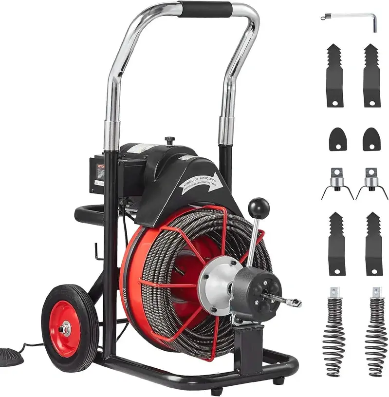 100-Foot Motorized Drain Snake Machine – Auto-Feed Sewer Auger with 8 Cutters, Foot Switch, and Transport Wheels