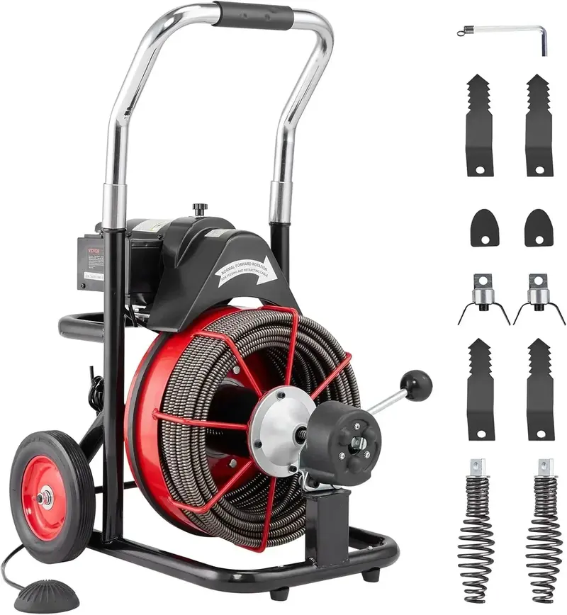 100-Foot Motorized Drain Snake Machine – Auto-Feed Sewer Auger with 8 Cutters, Foot Switch, and Transport Wheels 2