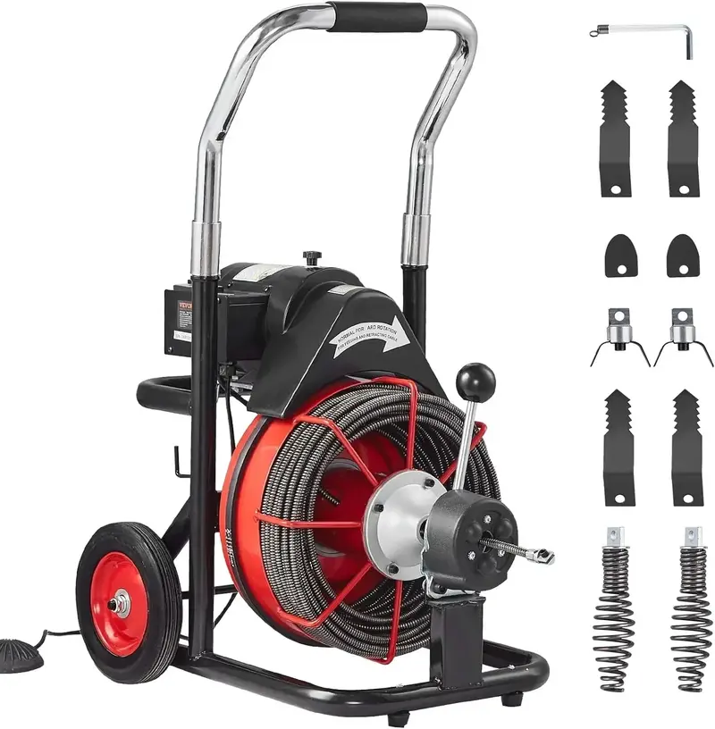 100-Foot Motorized Drain Snake Machine – Auto-Feed Sewer Auger with 8 Cutters, Foot Switch, and Transport Wheels