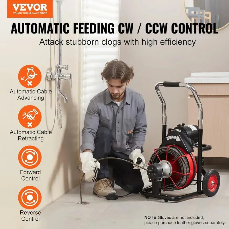 100-Foot Motorized Drain Snake Machine – Auto-Feed Sewer Auger with 8 Cutters, Foot Switch, and Transport Wheels