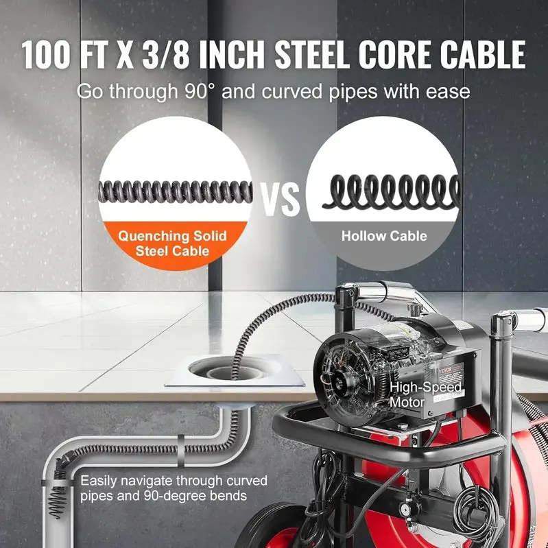 100-Foot Motorized Drain Snake Machine – Auto-Feed Sewer Auger with 8 Cutters, Foot Switch, and Transport Wheels