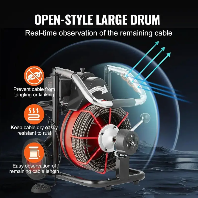 100-Foot Motorized Drain Snake Machine – Auto-Feed Sewer Auger with 8 Cutters, Foot Switch, and Transport Wheels