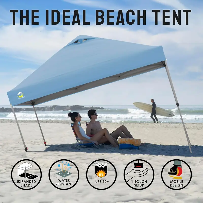 10×10 ft One-Touch Pop-Up Awning – Silver-Coated Sunshade with Height Adjustment & Sand Anchors