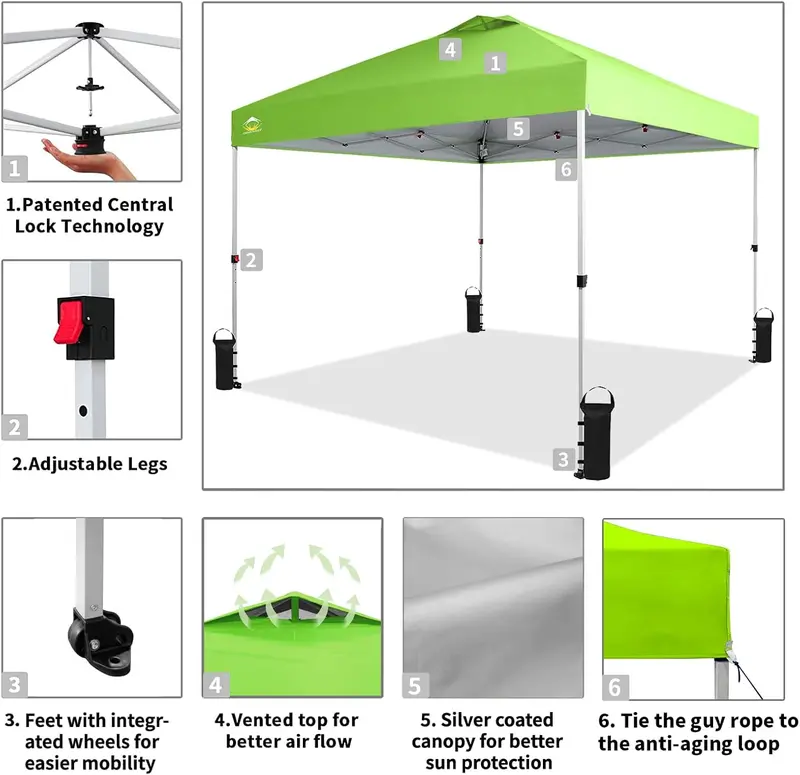 10×10 ft One-Touch Pop-Up Awning – Silver-Coated Sunshade with Height Adjustment & Sand Anchors