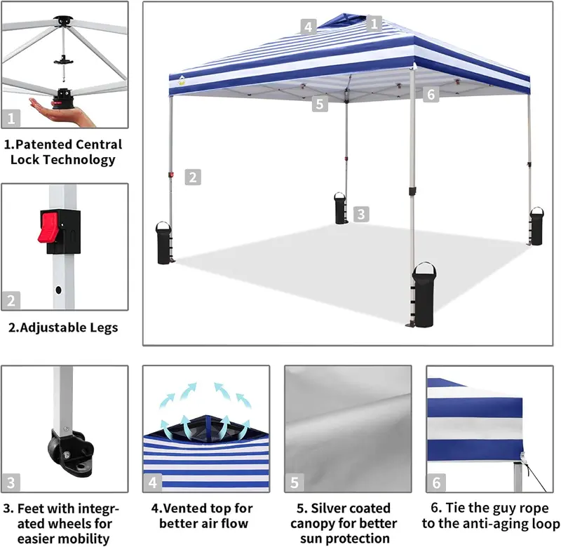 10×10 ft One-Touch Pop-Up Awning – Silver-Coated Sunshade with Height Adjustment & Sand Anchors