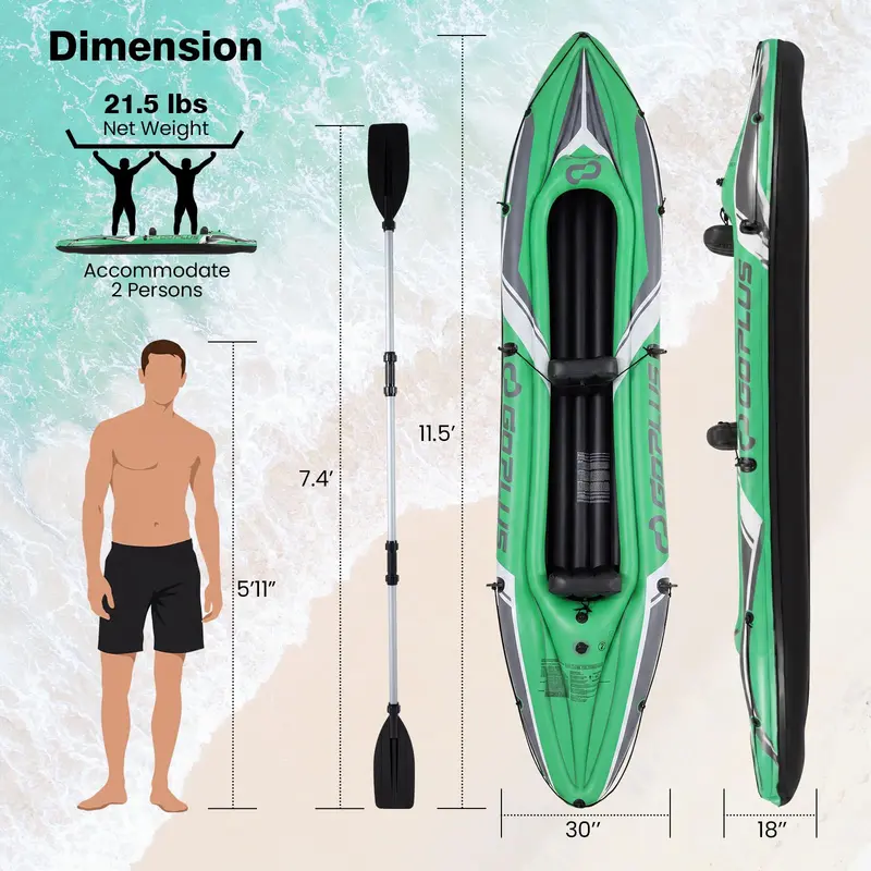 11.5-Foot Tandem Kayak for Two Adults – Includes Aluminum Paddles; Perfect for Calm Waters and Angling