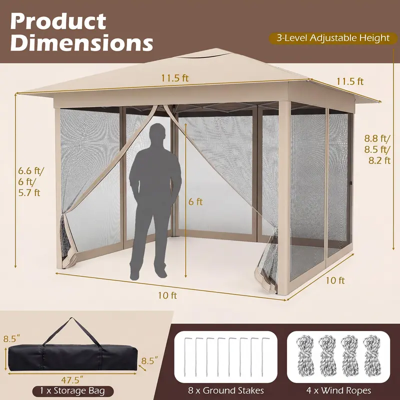 11.5' x 11.5' Instant Pop-Up Gazebo Tent with Insect Mesh and Single-User Setup
