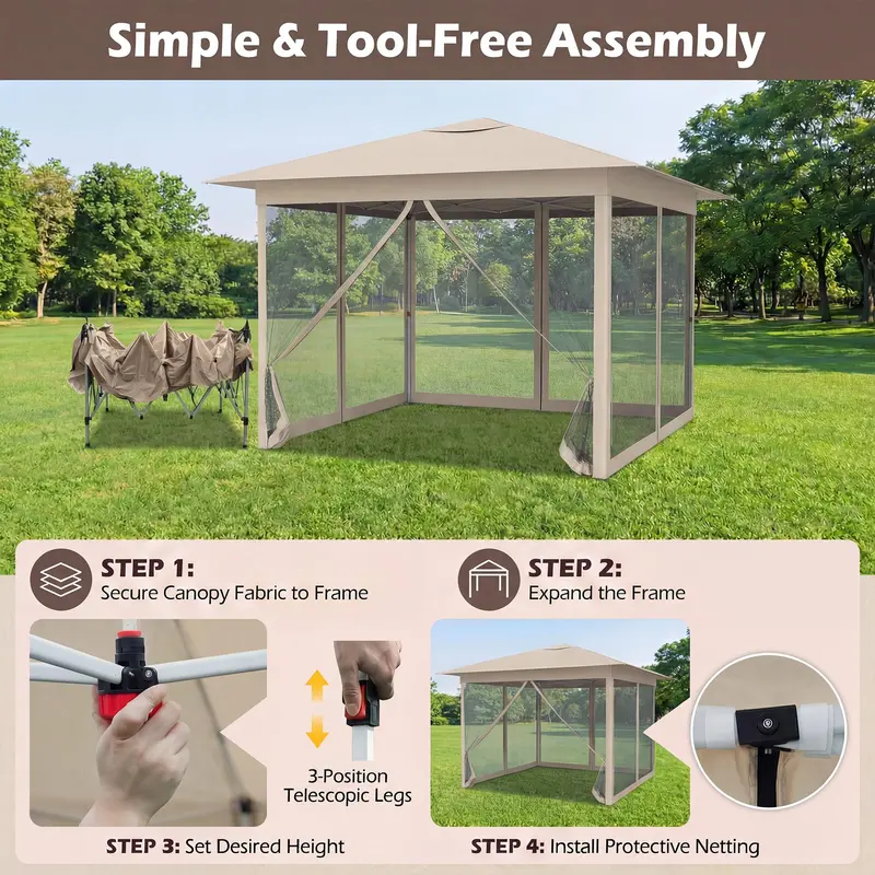 11.5' x 11.5' Instant Pop-Up Gazebo Tent with Insect Mesh and Single-User Setup