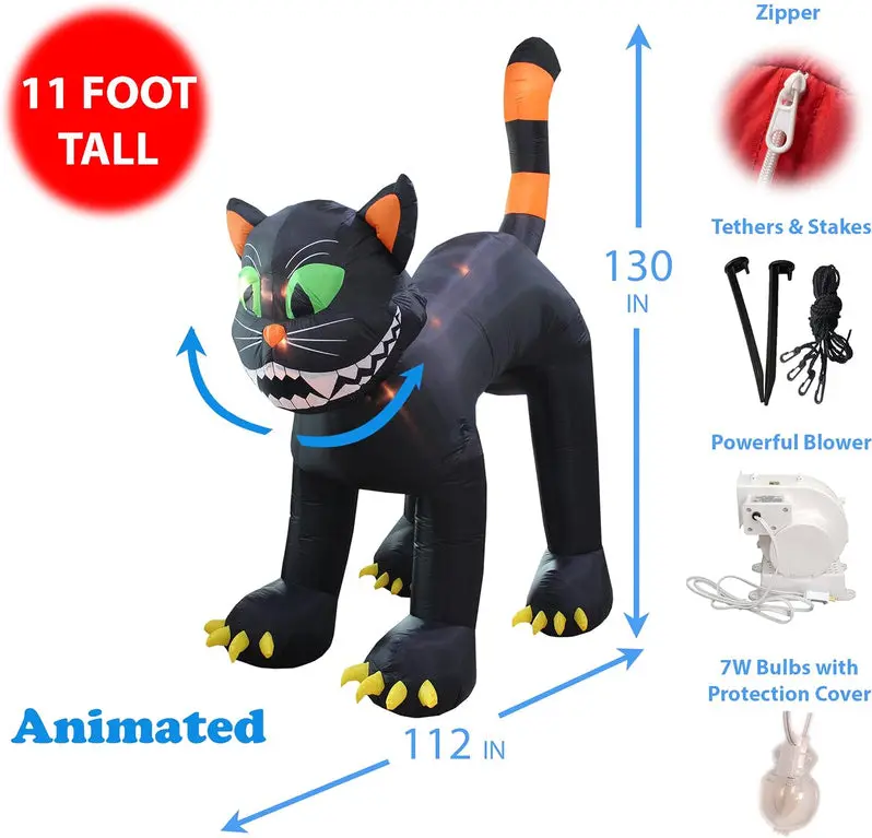 11-Foot Animated Inflatable Black Cat for Halloween – Motion-Activated Yard Display