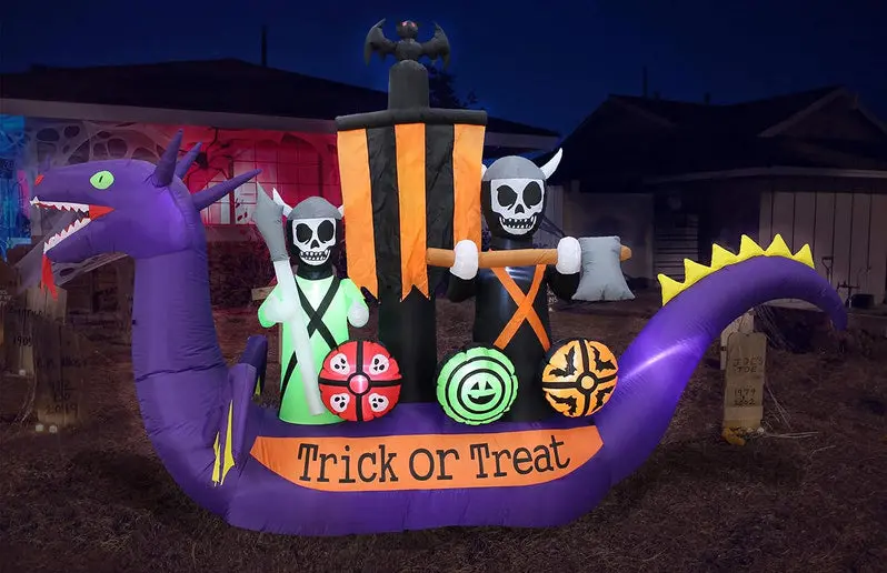 11-Foot Inflatable Halloween Scene Featuring Dragon, Pirate Ship, and Skeletons
