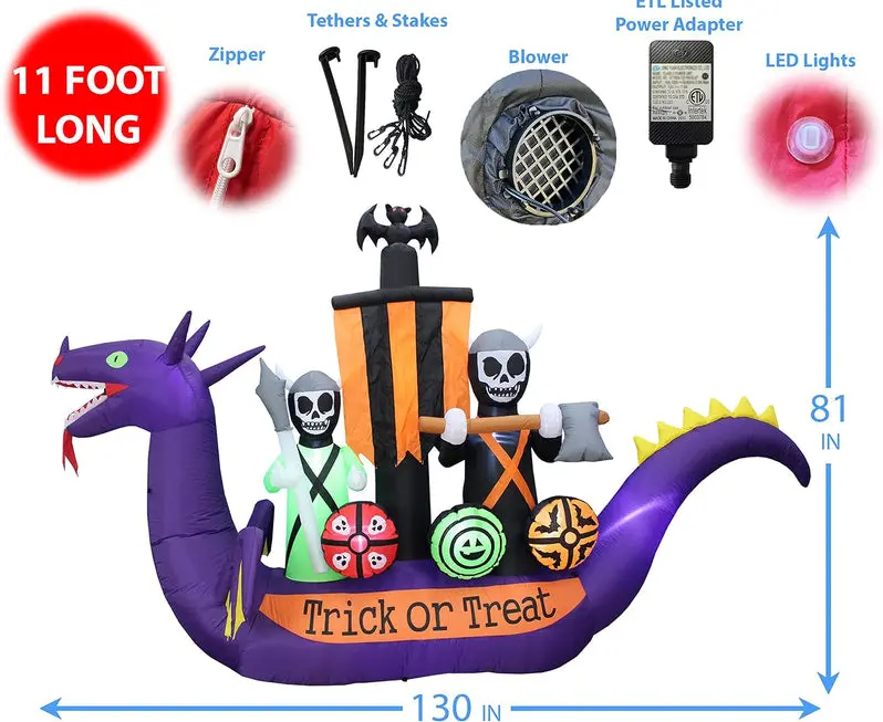 11-Foot Inflatable Halloween Scene Featuring Dragon, Pirate Ship, and Skeletons