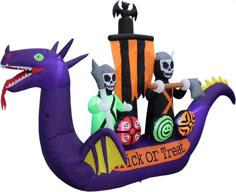 11-Foot Inflatable Halloween Scene Featuring Dragon, Pirate Ship, and Skeletons