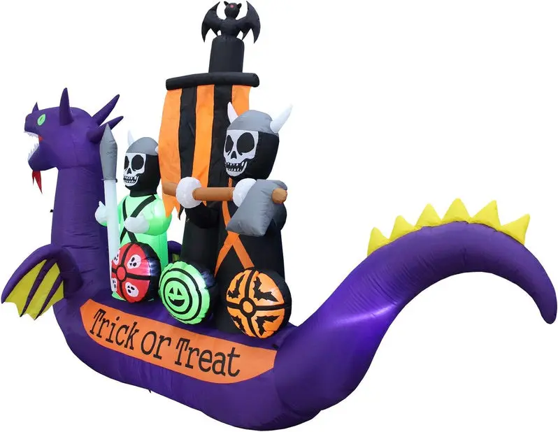 11-Foot Inflatable Halloween Scene Featuring Dragon, Pirate Ship, and Skeletons