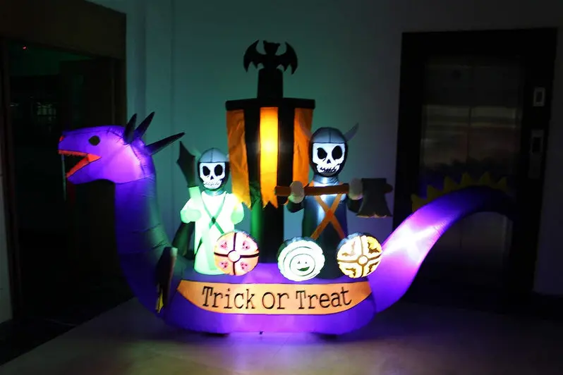 11-Foot Inflatable Halloween Scene Featuring Dragon, Pirate Ship, and Skeletons