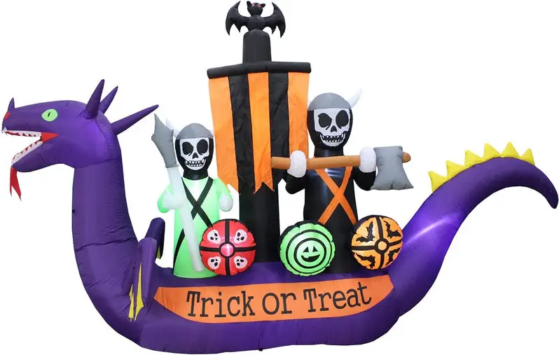11-Foot Inflatable Halloween Scene Featuring Dragon, Pirate Ship, and Skeletons