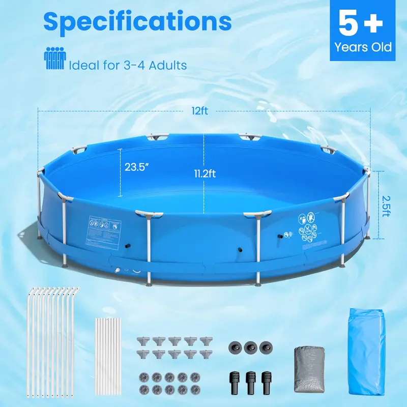 12-Foot Round Above-Ground Pool – Steel-Frame Backyard Swimming Pool (30" Deep)