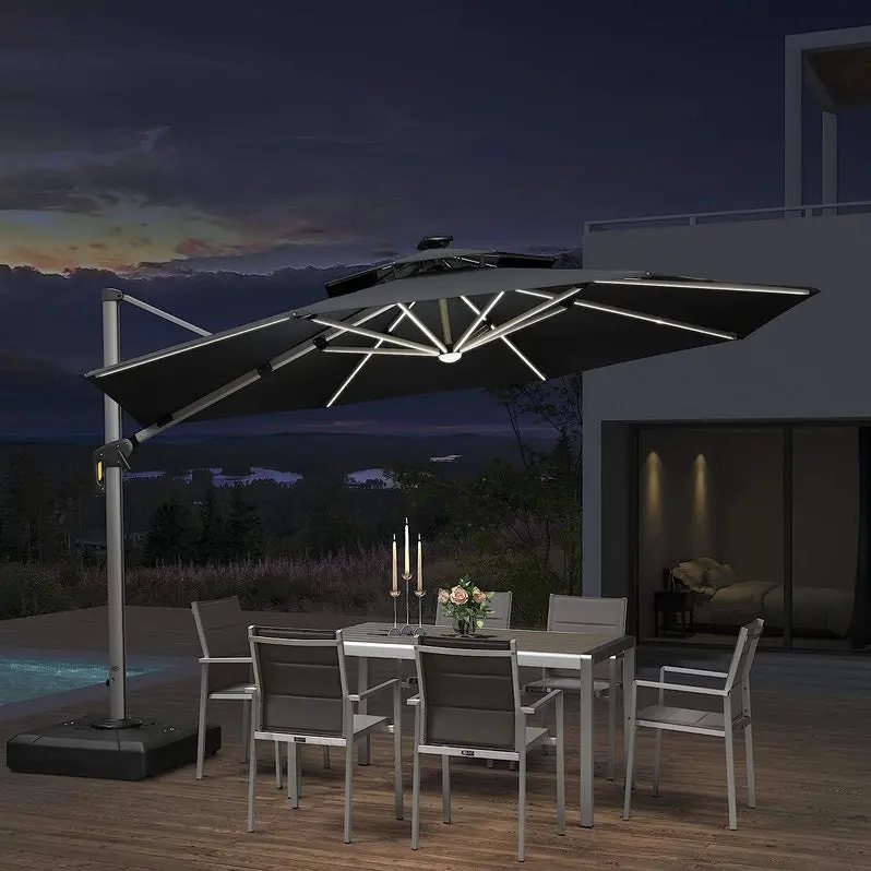 12-Foot Solar-Powered LED Cantilever Umbrella – Wind-Resistant Round Bias Design for Patios and Pool Areas