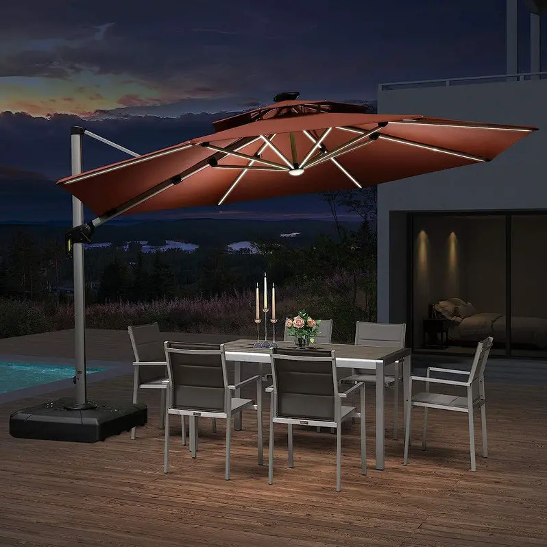 12-Foot Solar-Powered LED Cantilever Umbrella – Wind-Resistant Round Bias Design for Patios and Pool Areas