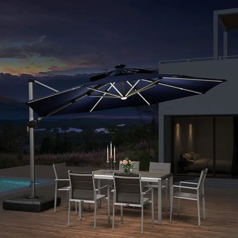 12-Foot Solar-Powered LED Cantilever Umbrella – Wind-Resistant Round Bias Design for Patios and Pool Areas