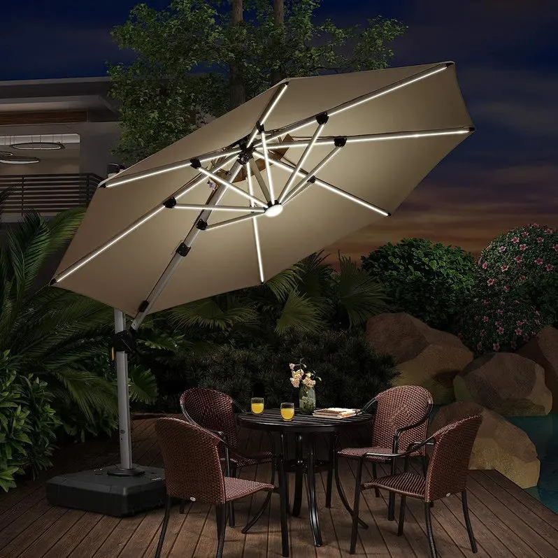 12-Foot Solar-Powered LED Cantilever Umbrella – Wind-Resistant Round Bias Design for Patios and Pool Areas