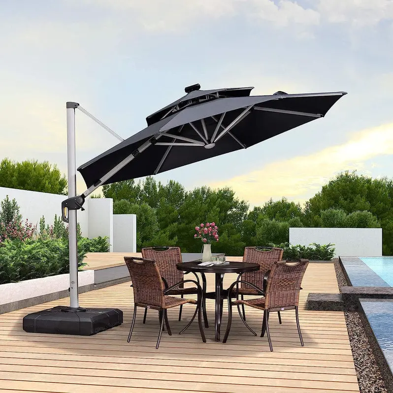 12-Foot Solar-Powered LED Cantilever Umbrella – Wind-Resistant Round Bias Design for Patios and Pool Areas