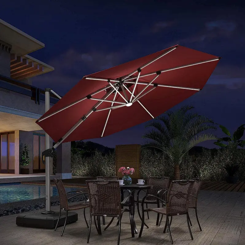 12-Foot Solar-Powered LED Cantilever Umbrella – Wind-Resistant Round Bias Design for Patios and Pool Areas