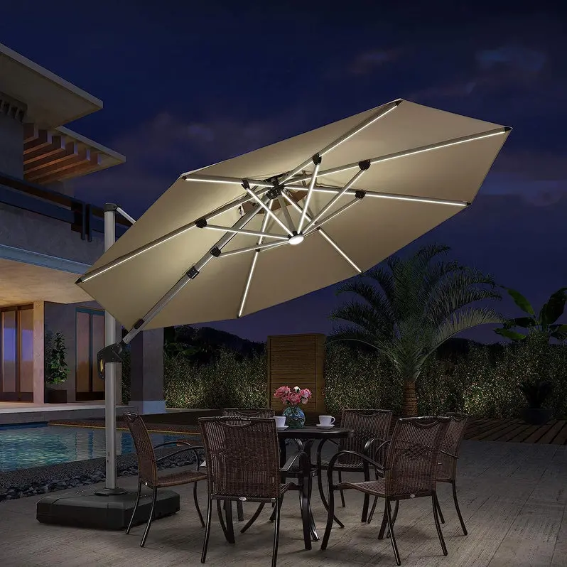 12-Foot Solar-Powered LED Cantilever Umbrella – Wind-Resistant Round Bias Design for Patios and Pool Areas