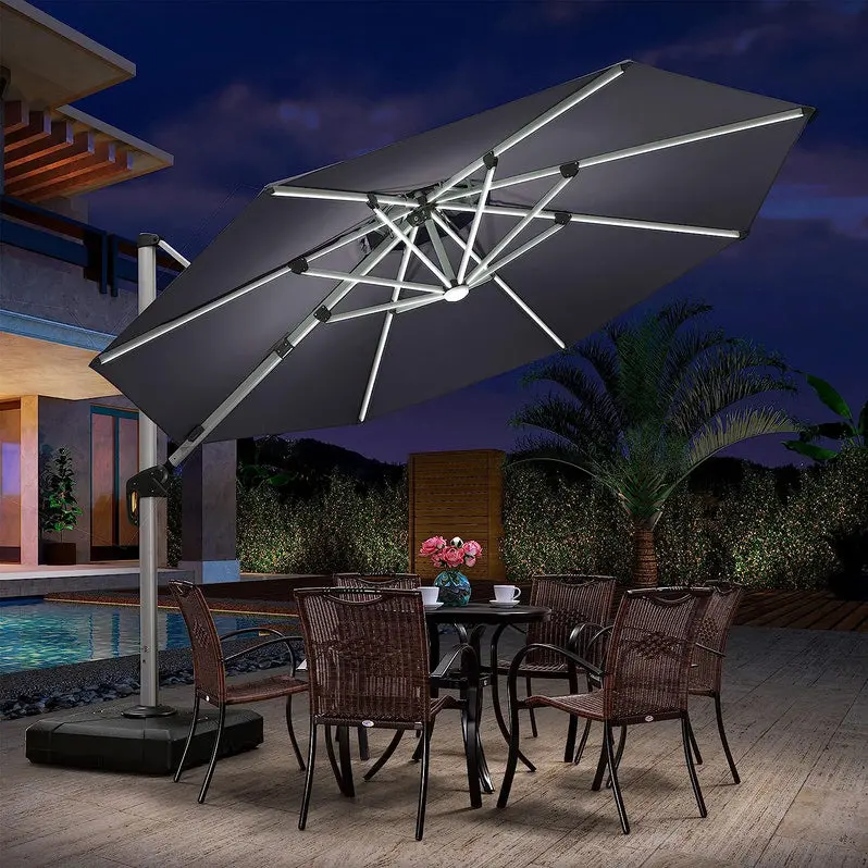 12-Foot Solar-Powered LED Cantilever Umbrella – Wind-Resistant Round Bias Design for Patios and Pool Areas