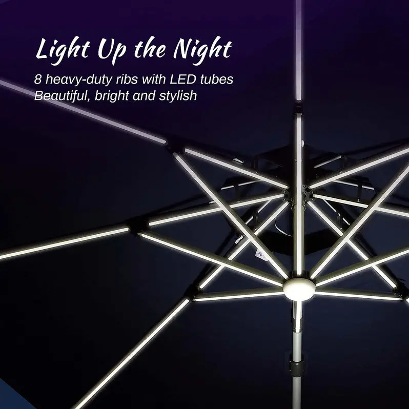 12-Foot Solar-Powered LED Cantilever Umbrella – Wind-Resistant Round Bias Design for Patios and Pool Areas