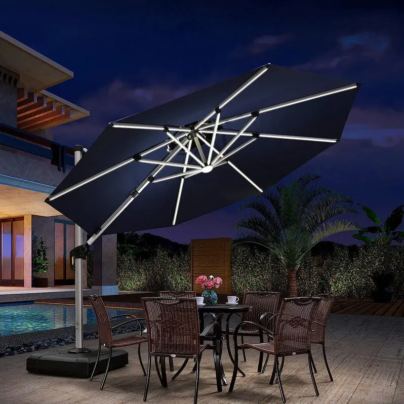12-Foot Solar-Powered LED Cantilever Umbrella – Wind-Resistant Round Bias Design for Patios and Pool Areas