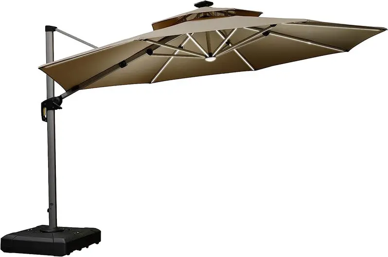 12-Foot Solar-Powered LED Cantilever Umbrella – Wind-Resistant Round Bias Design for Patios and Pool Areas