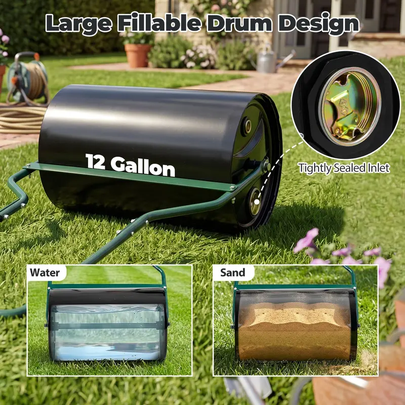 12-Gallon Lawn Compaction Roller – Adjustable Water- or Sand-Filled Drum with U-Shaped Handle